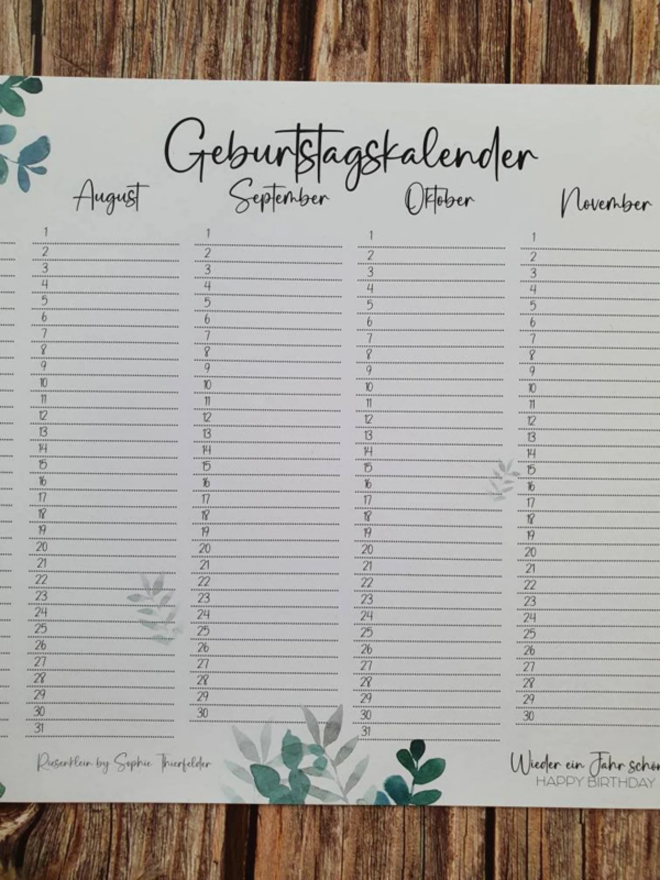 Geburtstagskalender A4 beidseitig bedruckt florale Aquarellmotive OHNE Posterleiste – Bild 3