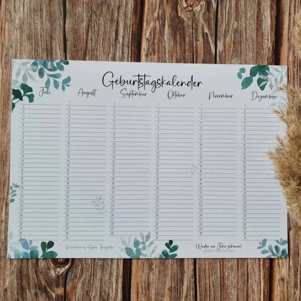 Geburtstagskalender A4 beidseitig bedruckt florale Aquarellmotive OHNE Posterleiste – Bild 7