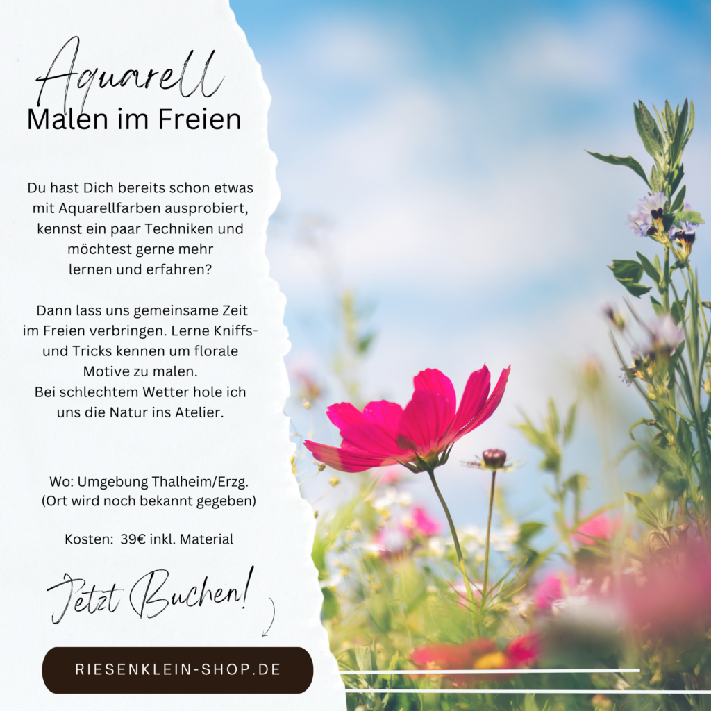 Du hast Dich bereits schon etwas mit Aquarellfarben ausprobiert, kennst ein paar Techniken und möchtest gerne mehr lernen und erfahren? Dann lass uns gemeinsame Zeit im Freien verbringen. Lerne Kniffs- und Tricks kennen um florale Motive zu malen. Bei schlechtem Wetter hole ich uns die Natur ins Atelier.