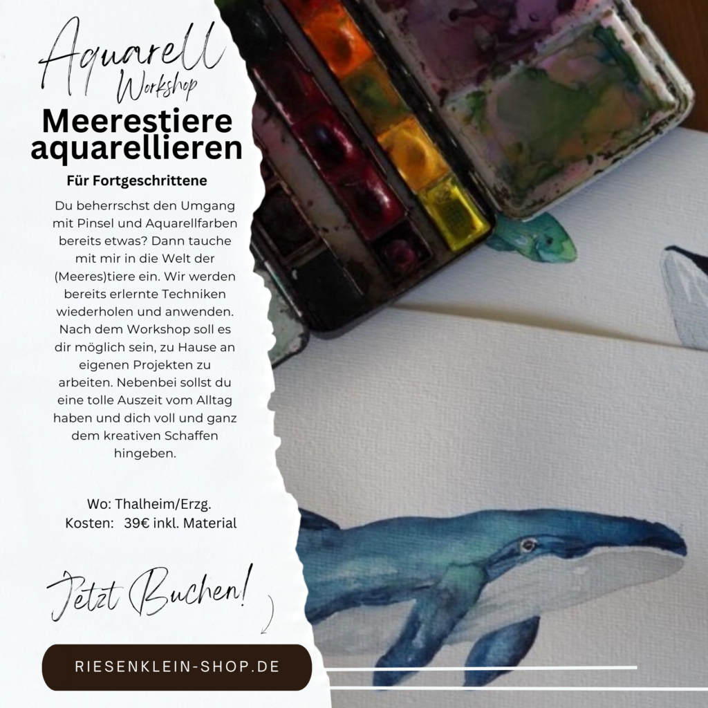 Du beherrschst den Umgang mit Pinsel und Aquarellfarben bereits etwas? Dann tauche mit mir in die Welt der (Meeres)tiere ein. Wir werden bereits erlernte Techniken wiederholen und anwenden. Nach dem Workshop soll es dir möglich sein, zu Hause an eigenen Projekten zu arbeiten. Nebenbei sollst du eine tolle Auszeit vom Alltag haben und dich voll und ganz dem kreativen Schaffen hingeben.